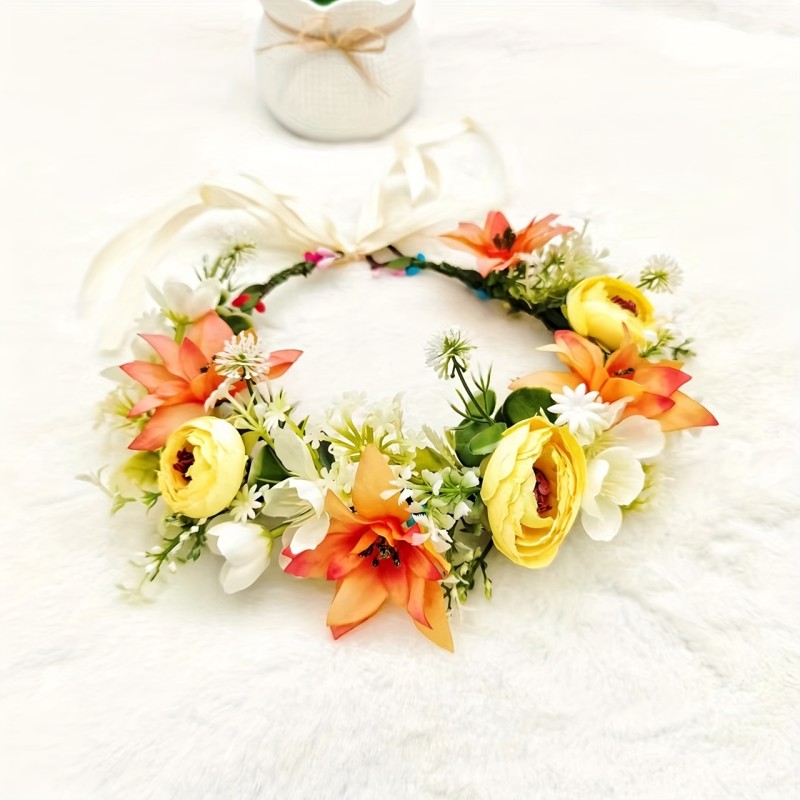 Enchanting Boho Floral Headpiece - Delicate Garland Crown with Romantic Flowers & Satin Ribbon - Perfect Hair Wreath for Weddings, Parties & Bohemian Chic