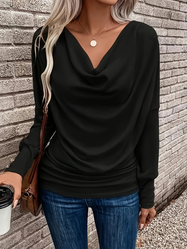 1pc Chic Cowl Neck Pleated Top, Women'S Long Sleeve T-Shirt, 100% Polyester Knit Fabric, Solid Color, Regular Length, Fall\u002FWinter Collection