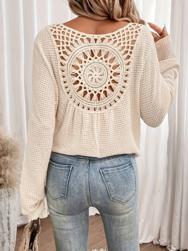 Women'S Elegant V-Neck Long Sleeve T-Shirt with Contrast Lace Detail, Polyester Knit Fabric, Solid Color, Regular Length, Spring\u002FSummer\u002FFall Top