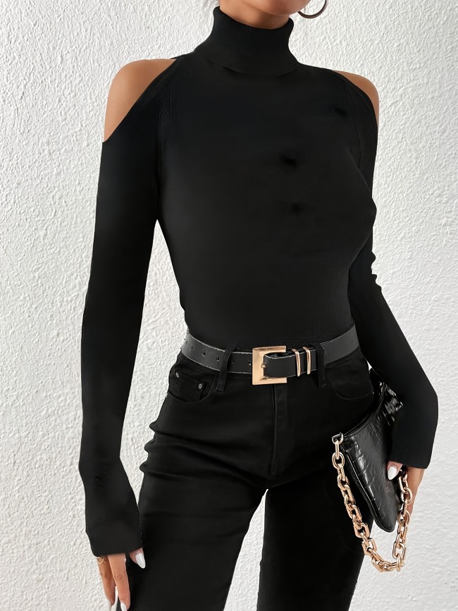 Elegant Off-Shoulder Long Sleeve High Neck Women's T-Shirt - Slim Fit, Stretchy Polyester Blend, Machine Washable, Solid Black, Elegant Women's Wear|High Neck Tshirt|Nolining