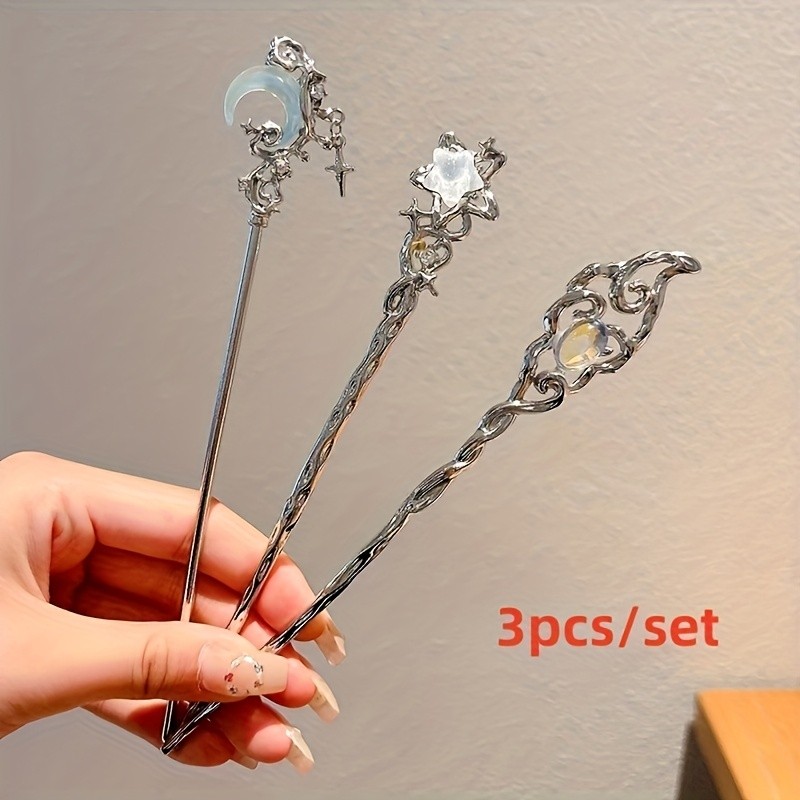 3pcs Elegant Moonstone & Alloy Hairpin Set for Women - Chic Crescent Moon and Star Designs, Perfect for Parties, Daily Wear & Christmas Gifts
