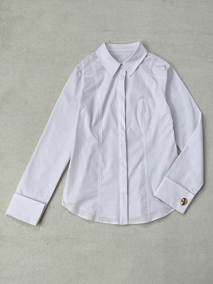 1pc Women'S Classic Shirt with Golden Buttons, Long Sleeve Solid Color Lapel Collar, Regular Length Woven Shirt for Office and Work, All Seasons