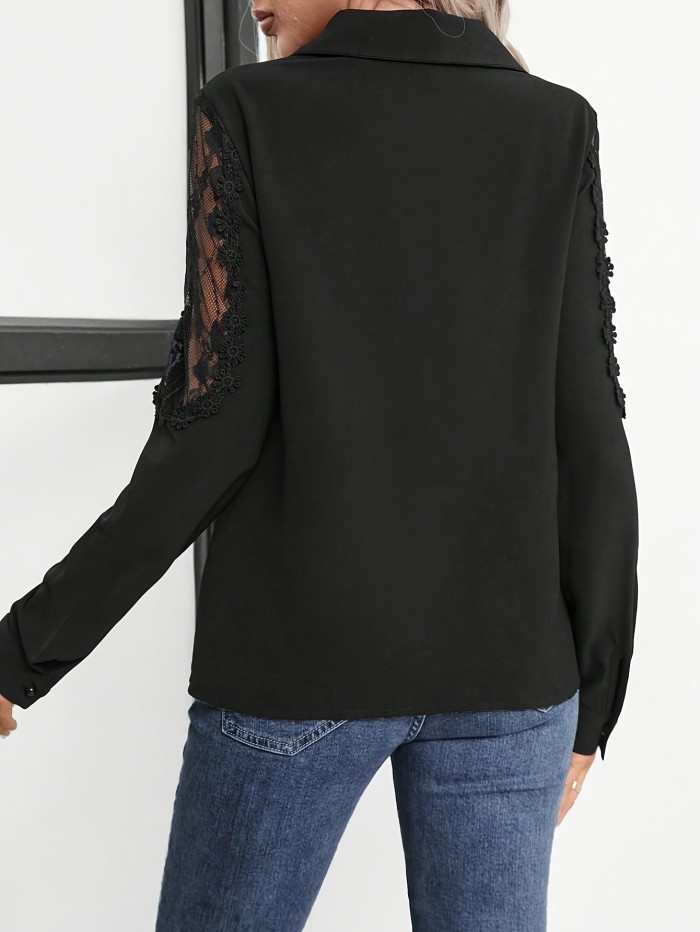 1pc Elegant Women'S Long Sleeve Shirt with Contrast Lace Trim, Polyester 100%, Solid Color, Lapel Collar, Woven Spring\u002FFall Chic Shirting