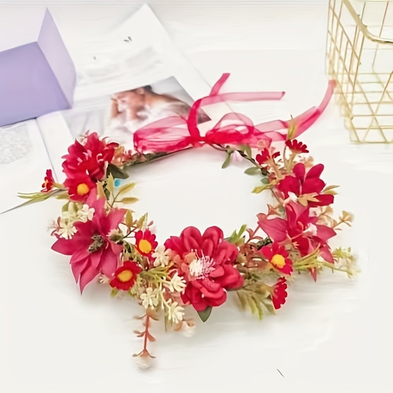 Enchanting Boho Floral Headpiece - Delicate Garland Crown with Romantic Flowers & Satin Ribbon - Perfect Hair Wreath for Weddings, Parties & Bohemian Chic