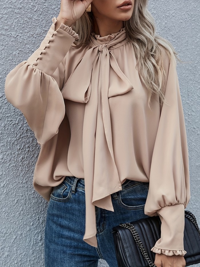 Ruffle Trim Tie Neck Blouse, Casual Solid Long Sleeve Blouse For Spring & Summer, Women's Clothing