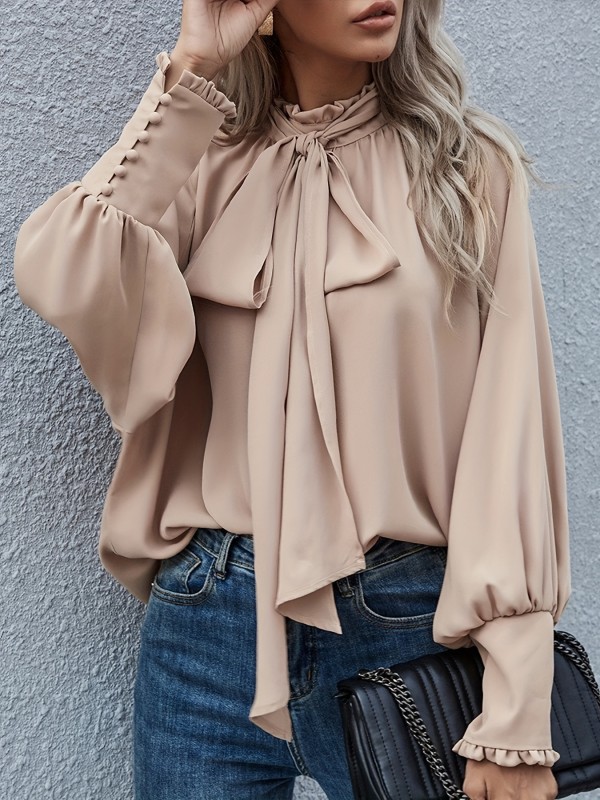 Ruffle Trim Tie Neck Blouse, Casual Solid Long Sleeve Blouse For Spring & Summer, Women's Clothing