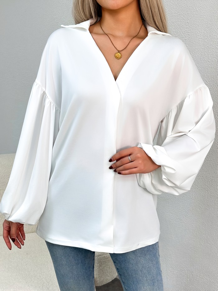 Vibrant Solid Color Blouse - Elegant Lantern Sleeve, Drop Shoulder, Loose Fit, Simple Design, Perfect for Spring & Fall, Women'S Clothing, Daily Wear, Casual Style