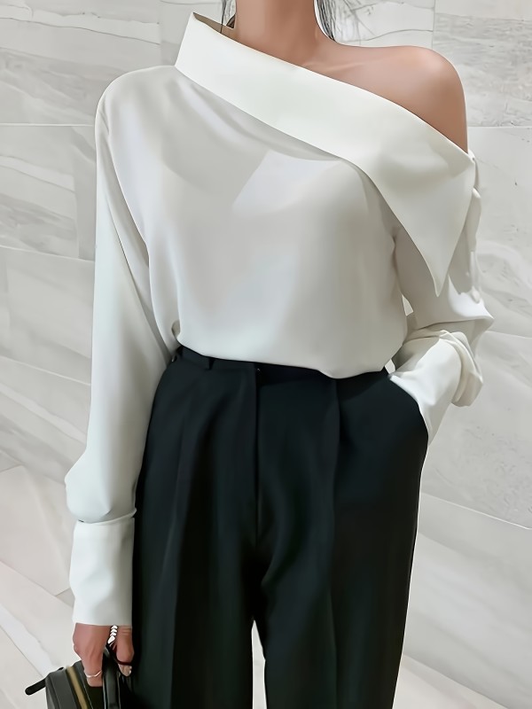 Elegant One Shoulder Long Sleeve Blouse, Polyester Solid Color Woven Shirting for Adult Women, All Season
