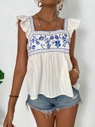 Women's Casual Polyester Blouson Sleeve Square Neck Blouse with Embroidered Floral Design and Tie-Back Detail - 95% Polyester 5% Elastane Woven Fabric, All-Season Wear