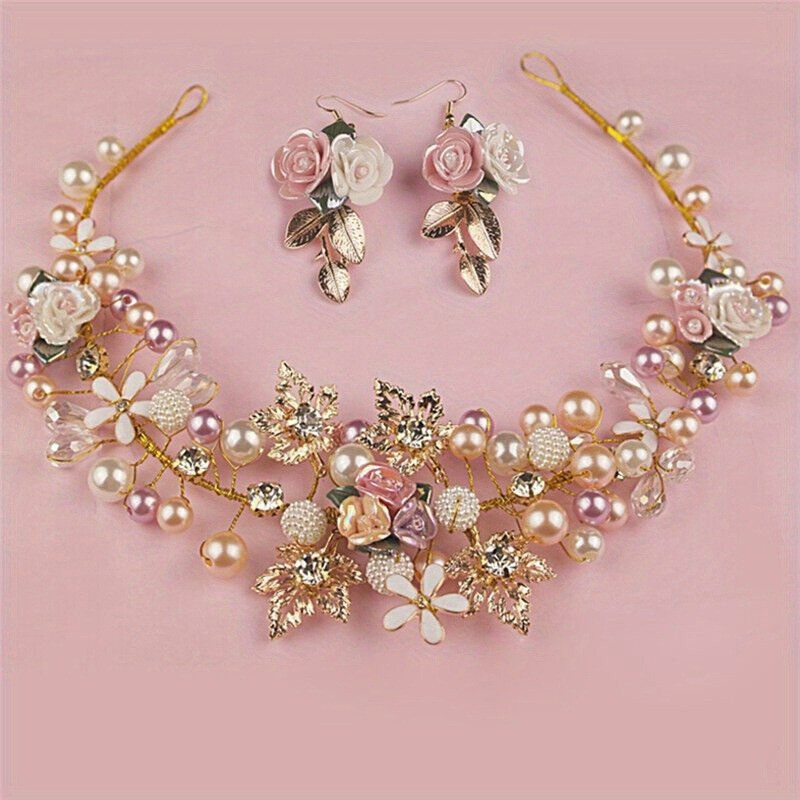 1Set Exquisite Handwoven Pearl and Ceramic Flower Bridal Headband Set - Wavy Hair Alloy Crown with Knitted Detailing, High-End Wedding Hair Accessories for Brides, Prom, and Formal Occasions