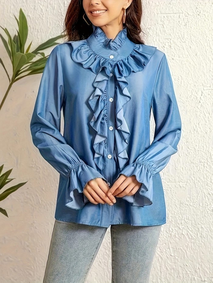 Women'S Elegant Ruffle Stand Collar Shirt, 100% Polyester Woven, Solid Color, Lightweight 180g\u002Fm² Fabric, Spring\u002FSummer\u002FFall Apparel