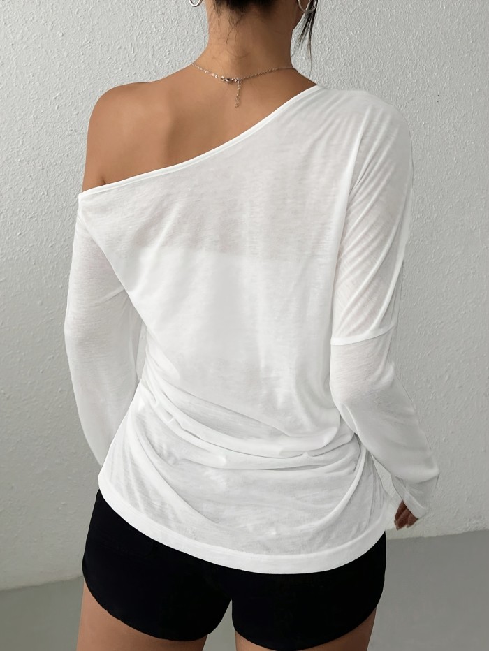 Women'S Elegant Asymmetrical Neck Solid Color Long Sleeve T-Shirt, Polyester Blend Knit Fabric, Medium Stretch, with Strapless Detail, for Spring\u002FSummer\u002FFall