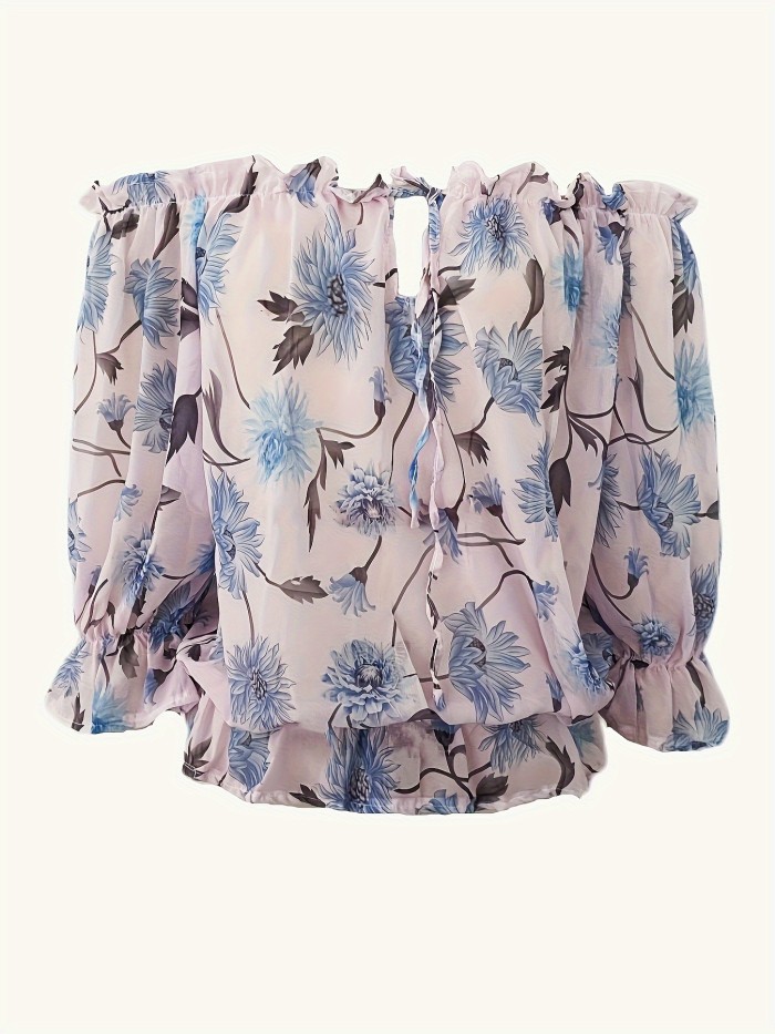 Off Shoulder Floral Print Blouse, Casual Ruffle Trim Blouse, Women's Clothing
