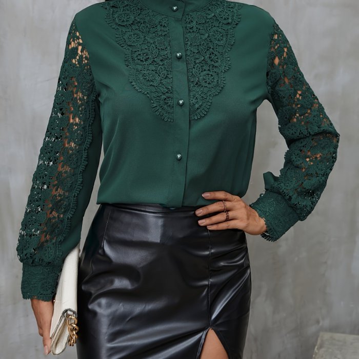 Solid Contrast Lace Blouse, Elegant Mandarin Collar Long Sleeve Blouse, Women's Clothing