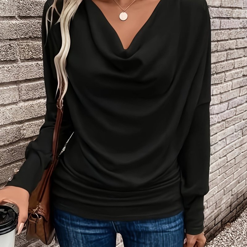 1pc Chic Cowl Neck Pleated Top, Women'S Long Sleeve T-Shirt, 100% Polyester Knit Fabric, Solid Color, Regular Length, Fall\u002FWinter Collection