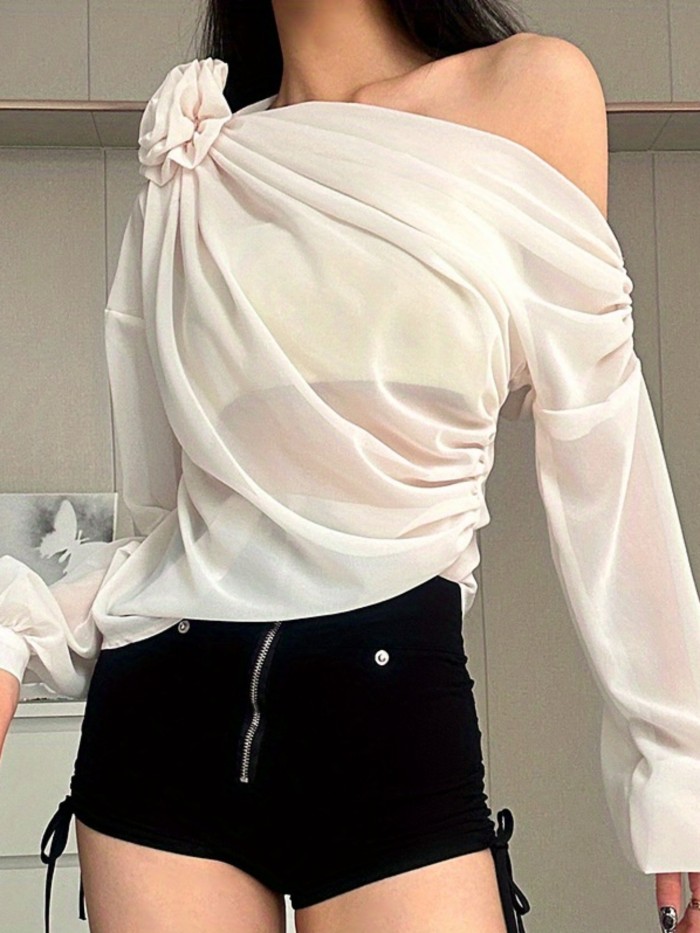 Women's Chic Off-Shoulder Long Sleeve T-Shirt with 3D Floral Detail - Solid Black, Sheer Mesh Overlay, Casual Streetwear Top for Spring and Fall