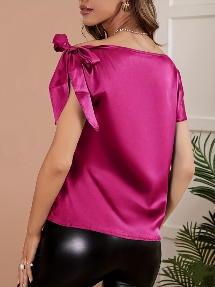 Solid Slant Shoulder Side Tie Blouse, Elegant Short Sleeve Blouse For Spring & Summer, Women's Clothing