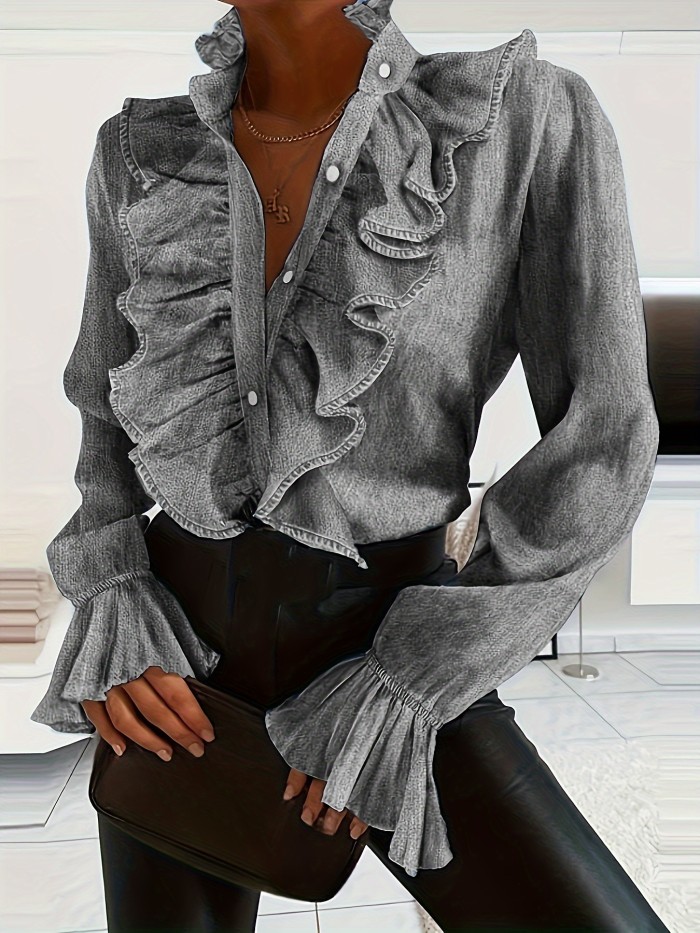 Women'S Elegant Ruffle Stand Collar Shirt, 100% Polyester Woven, Solid Color, Lightweight 180g\u002Fm² Fabric, Spring\u002FSummer\u002FFall Apparel