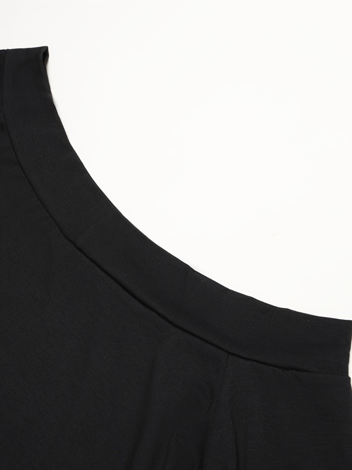 Solid Color Off Shoulder Stylish T-shirt, Casual Long Sleeve Top For Spring & Fall, Women's Clothing