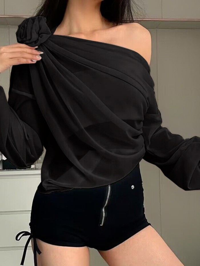 Women's Chic Off-Shoulder Long Sleeve T-Shirt with 3D Floral Detail - Solid Black, Sheer Mesh Overlay, Casual Streetwear Top for Spring and Fall