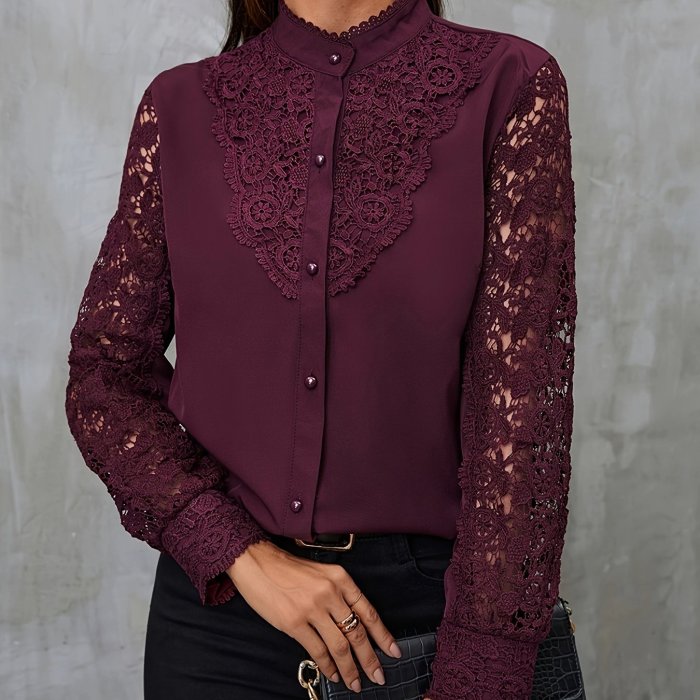 Solid Contrast Lace Blouse, Elegant Mandarin Collar Long Sleeve Blouse, Women's Clothing