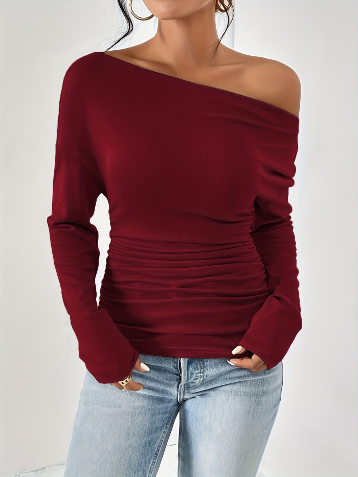 Solid Asymmetrical Neck Ruched T-Shirt, Casual Long Sleeve Top For Spring & Fall, Women's Clothing