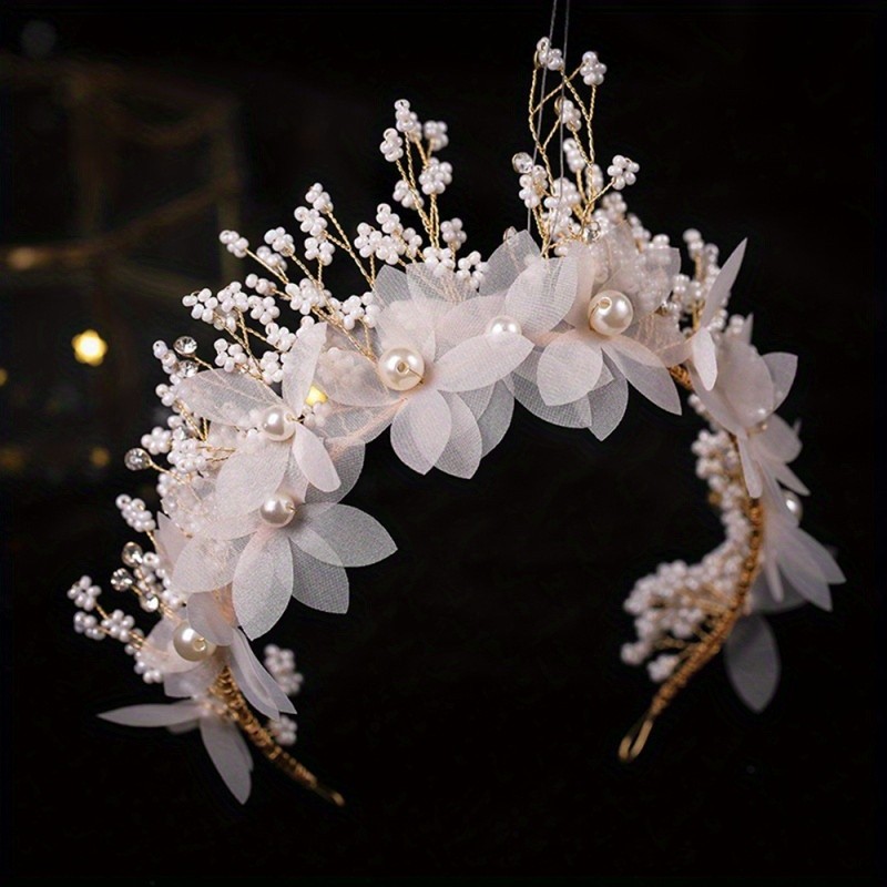 Women Floral Beaded Pearl Bridal Headband Bohemian Headpiece Hair Vine Flower Wedding Hair Accessories Bridal Fairy Hair Hoop Hairband With Dangle Earrings Set