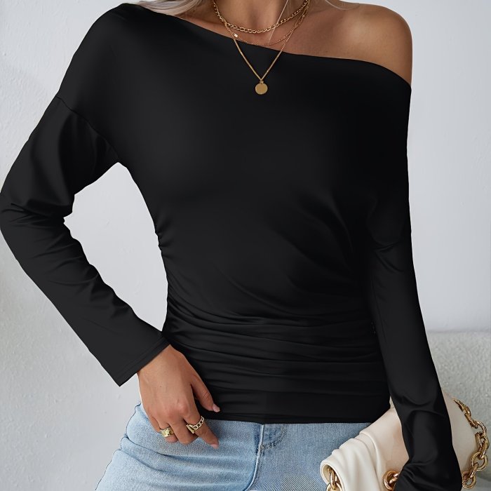 Solid Asymmetrical Neck Ruched T-Shirt, Casual Long Sleeve Top For Spring & Fall, Women's Clothing
