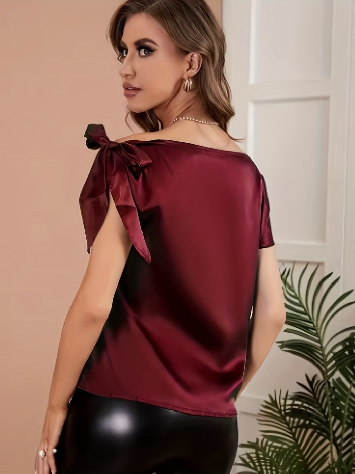 Solid Slant Shoulder Side Tie Blouse, Elegant Short Sleeve Blouse For Spring & Summer, Women's Clothing