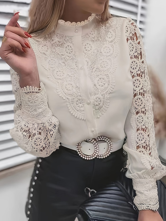 Solid Contrast Lace Blouse, Elegant Mandarin Collar Long Sleeve Blouse, Women's Clothing