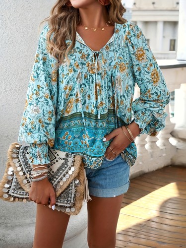 Women'S Elegant V-Neck Viscose Shirt with Tie Front Detail, Long Sleeve Pleated Floral Print, Vacation Style, Woven Fabric, 90g\u002Fm², Perfect for Spring\u002FSummer\u002FFall - Adult Fashion