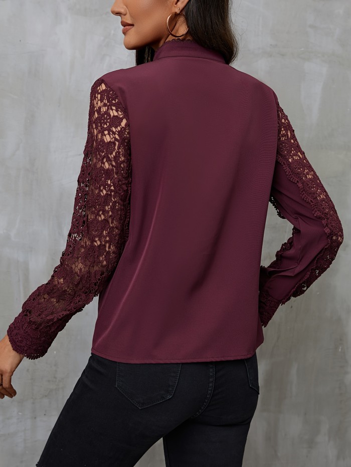 Solid Contrast Lace Blouse, Elegant Mandarin Collar Long Sleeve Blouse, Women's Clothing