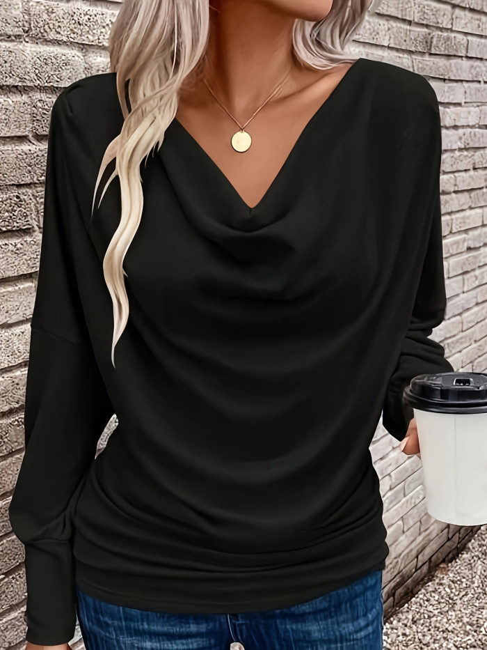 1pc Chic Cowl Neck Pleated Top, Women'S Long Sleeve T-Shirt, 100% Polyester Knit Fabric, Solid Color, Regular Length, Fall\u002FWinter Collection