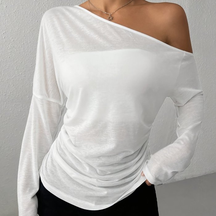 Women'S Elegant Asymmetrical Neck Solid Color Long Sleeve T-Shirt, Polyester Blend Knit Fabric, Medium Stretch, with Strapless Detail, for Spring\u002FSummer\u002FFall