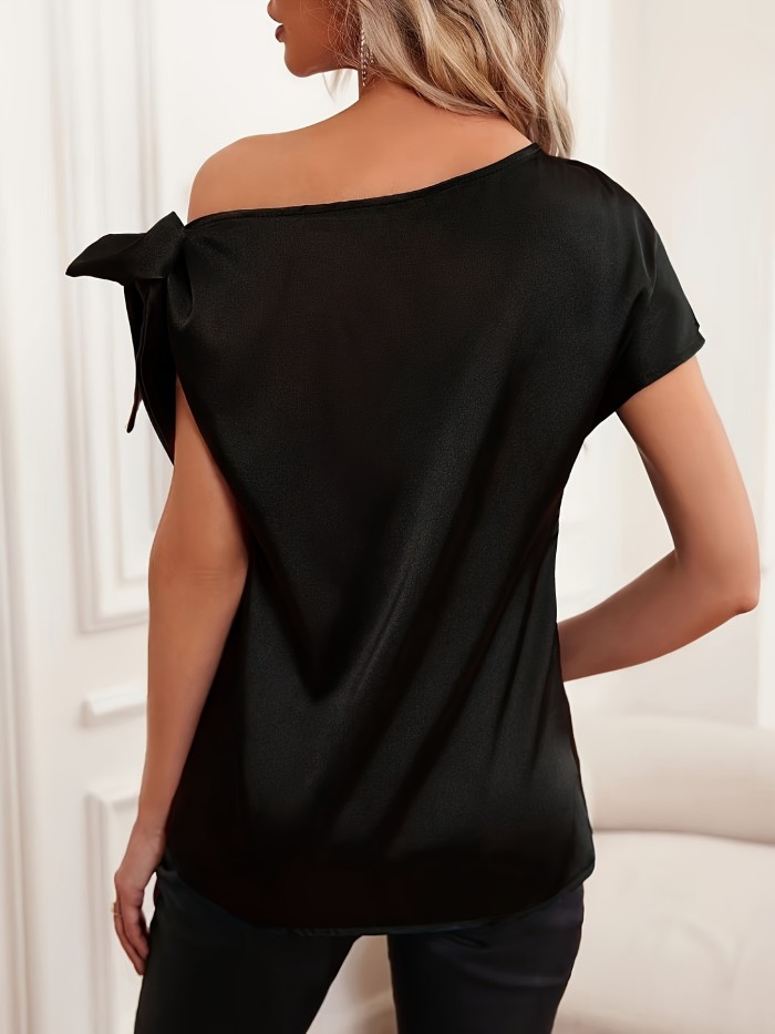 Solid Slant Shoulder Side Tie Blouse, Elegant Short Sleeve Blouse For Spring & Summer, Women's Clothing