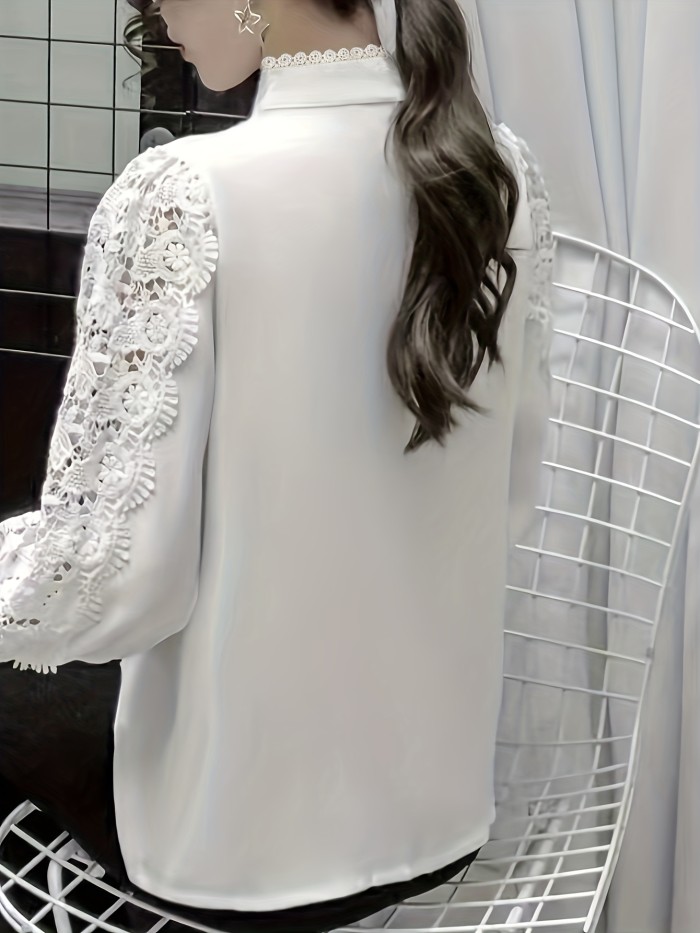 Solid Contrast Lace Blouse, Elegant Mandarin Collar Long Sleeve Blouse, Women's Clothing