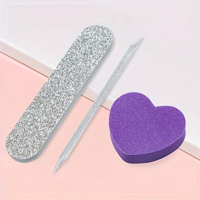3pcs Nail Care Set: Crystal Rhinestone Applicator, Heart-Shaped Buffer Block & Wooden File - Hypoallergenic Manicure Tools for Hands, Feet & Nails