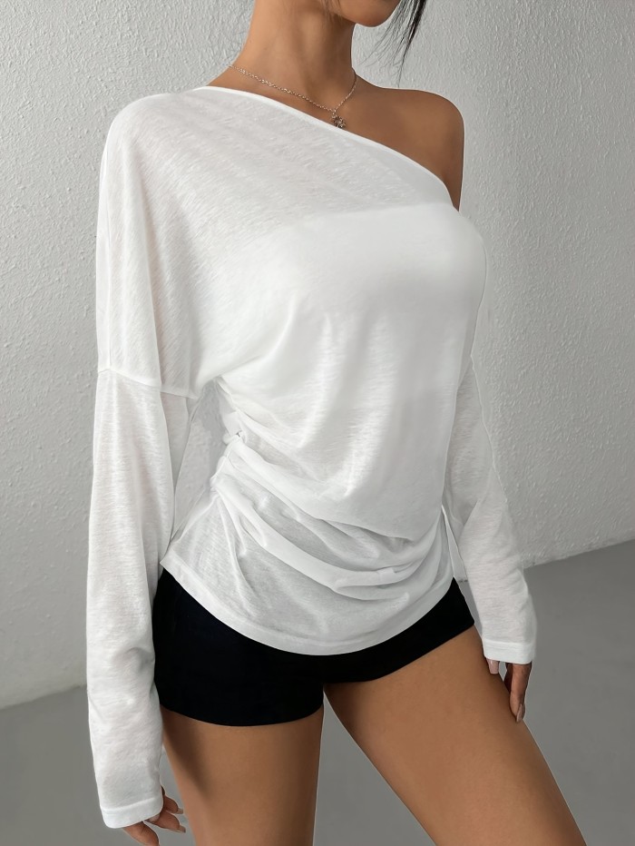 Women'S Elegant Asymmetrical Neck Solid Color Long Sleeve T-Shirt, Polyester Blend Knit Fabric, Medium Stretch, with Strapless Detail, for Spring\u002FSummer\u002FFall