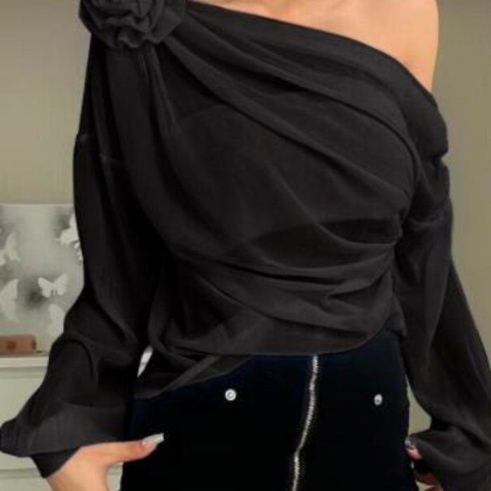 Women's Chic Off-Shoulder Long Sleeve T-Shirt with 3D Floral Detail - Solid Black, Sheer Mesh Overlay, Casual Streetwear Top for Spring and Fall