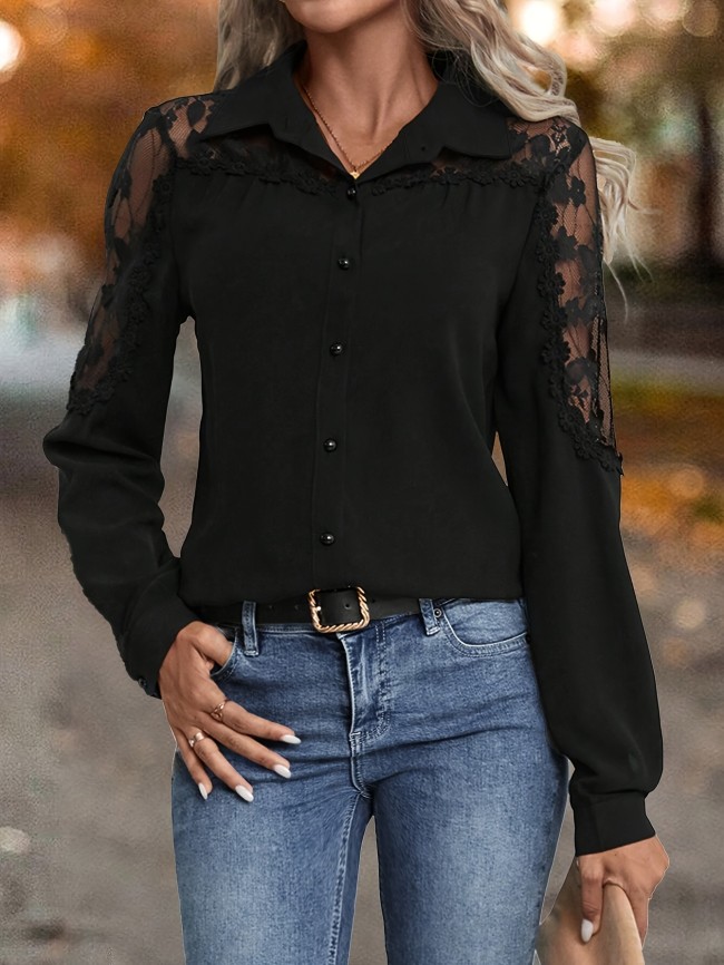 1pc Elegant Women'S Long Sleeve Shirt with Contrast Lace Trim, Polyester 100%, Solid Color, Lapel Collar, Woven Spring\u002FFall Chic Shirting
