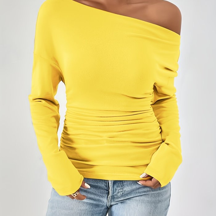 Solid Asymmetrical Neck Ruched T-Shirt, Casual Long Sleeve Top For Spring & Fall, Women's Clothing
