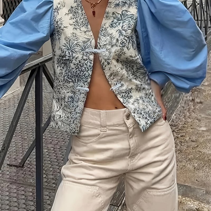Elegant Floral V-Neck Blouse with Lantern Sleeves - Polyester, Machine Washable - Women's Fashion