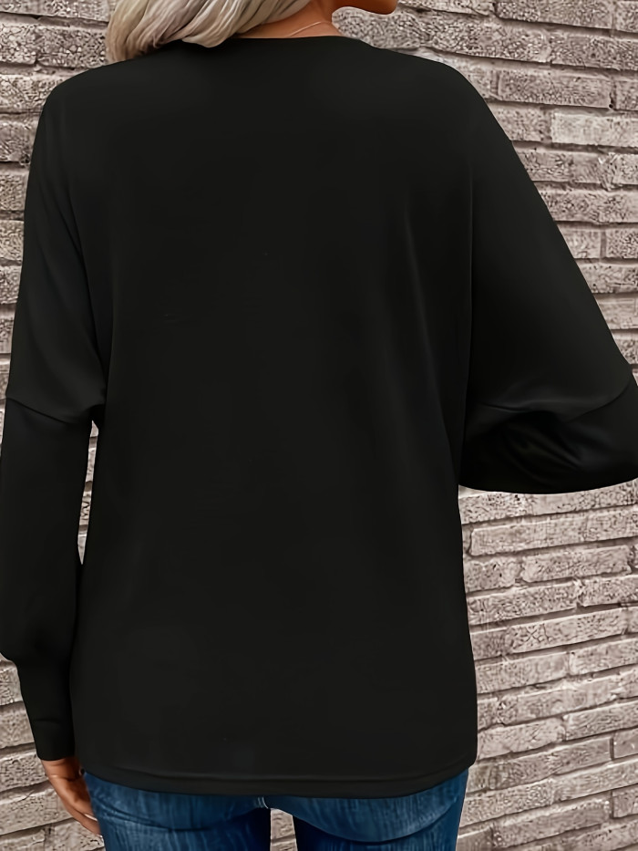 1pc Chic Cowl Neck Pleated Top, Women'S Long Sleeve T-Shirt, 100% Polyester Knit Fabric, Solid Color, Regular Length, Fall\u002FWinter Collection