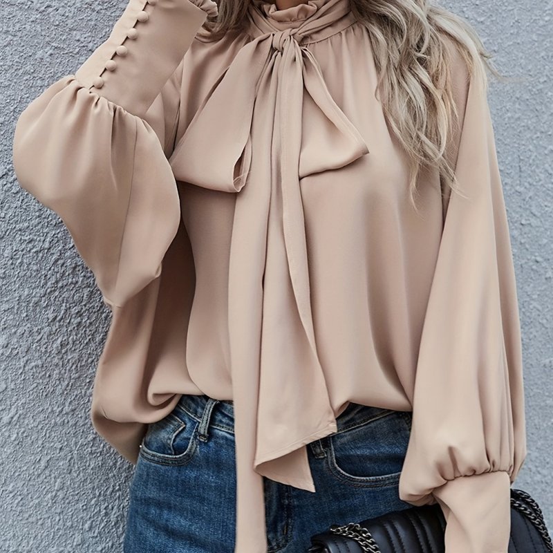 Ruffle Trim Tie Neck Blouse, Casual Solid Long Sleeve Blouse For Spring & Summer, Women's Clothing