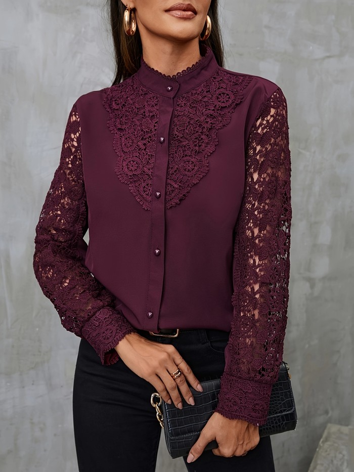 Solid Contrast Lace Blouse, Elegant Mandarin Collar Long Sleeve Blouse, Women's Clothing