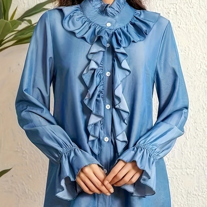 Women'S Elegant Ruffle Stand Collar Shirt, 100% Polyester Woven, Solid Color, Lightweight 180g\u002Fm² Fabric, Spring\u002FSummer\u002FFall Apparel