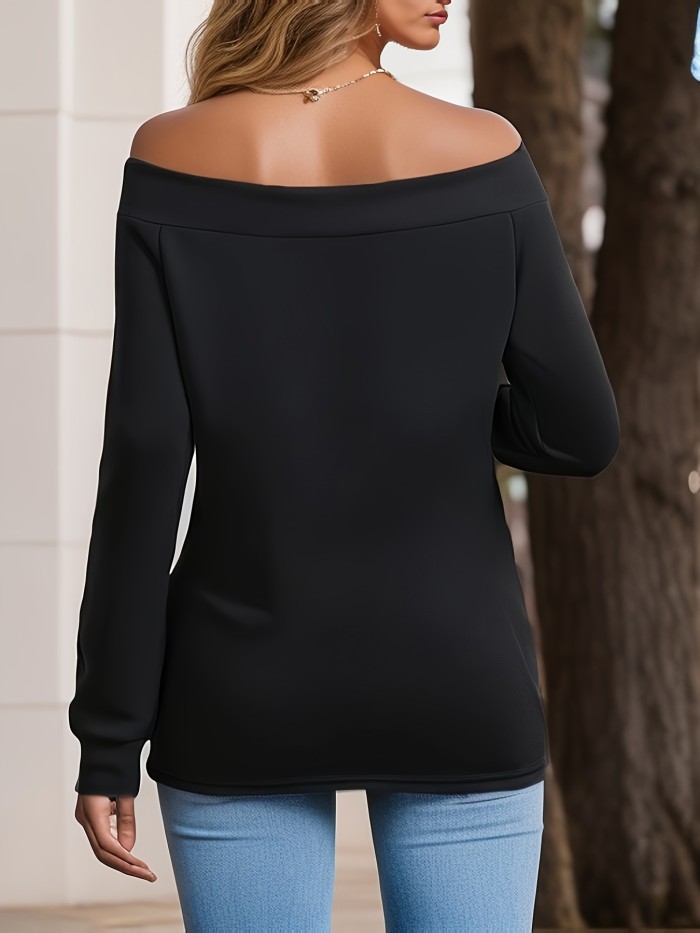 Solid Color Off Shoulder Stylish T-shirt, Casual Long Sleeve Top For Spring & Fall, Women's Clothing