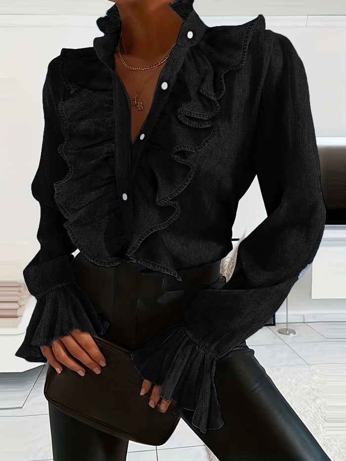 Women'S Elegant Ruffle Stand Collar Shirt, 100% Polyester Woven, Solid Color, Lightweight 180g\u002Fm² Fabric, Spring\u002FSummer\u002FFall Apparel