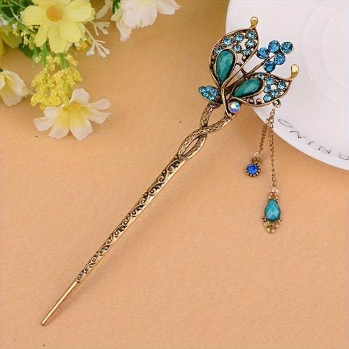 1pc Vintage Rhinestone Butterfly Decorations Hairpin With Tassel Sparkling Bling-bling Hair Stick Elegant Hairdressing Accessories For Women And Girls