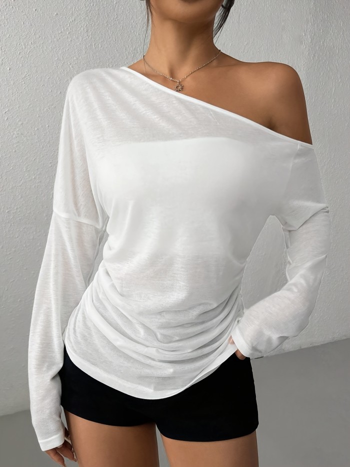 Women'S Elegant Asymmetrical Neck Solid Color Long Sleeve T-Shirt, Polyester Blend Knit Fabric, Medium Stretch, with Strapless Detail, for Spring\u002FSummer\u002FFall